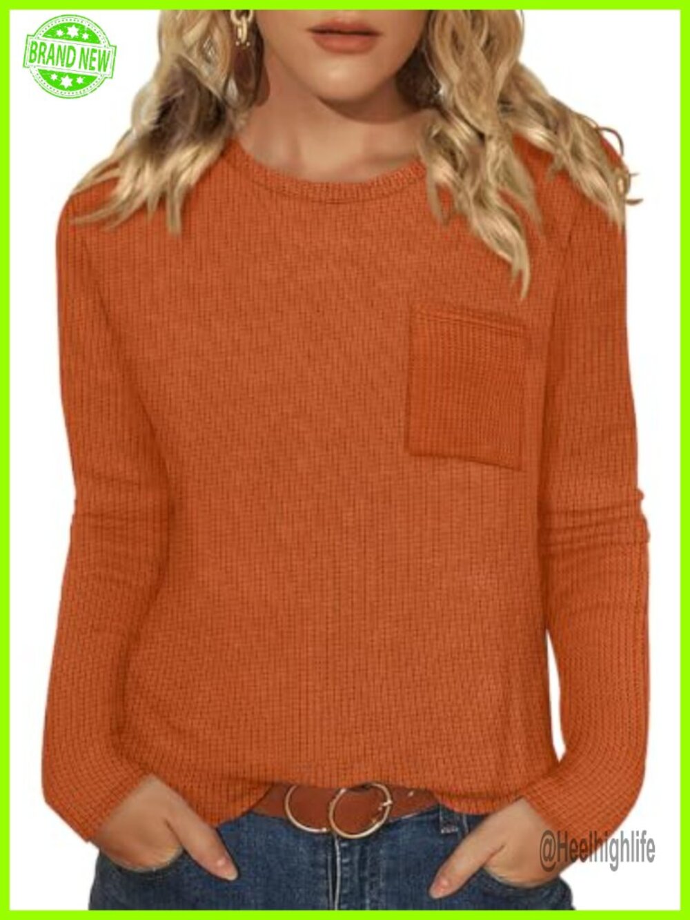 Waffle Knit Long Sleeve Blouse Crew Neck Curved Hem Casual Top